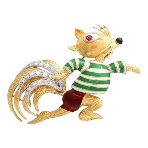 Claflin Style - Amusing Running Squirrel Enamel Ruby Diamond Gold Brooch