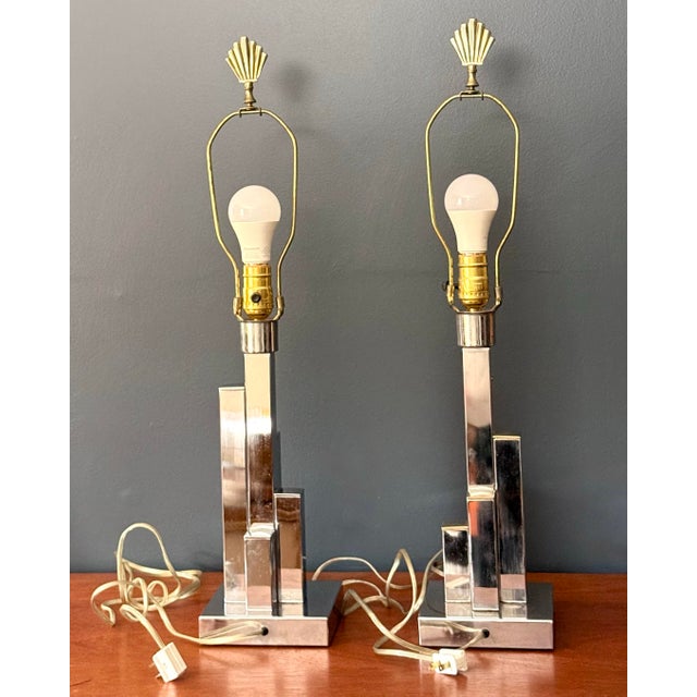 Vintage Chrome Architectural Table Lamps With Brass Shell Finials - a Pair For Sale In New York - Image 6 of 6