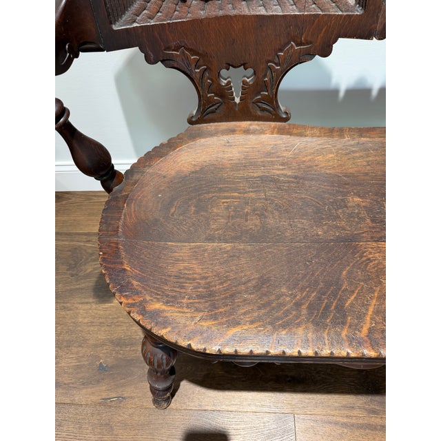 Early 20th Century Antique German Black Forest Carved Tiger Oak Drunken Monk Tavern Bench For Sale - Image 5 of 16