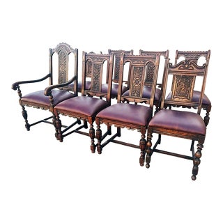 Antique Carved Jacobean or Spanish Revival Oak and Leather Dining Chairs - Set of 8 For Sale