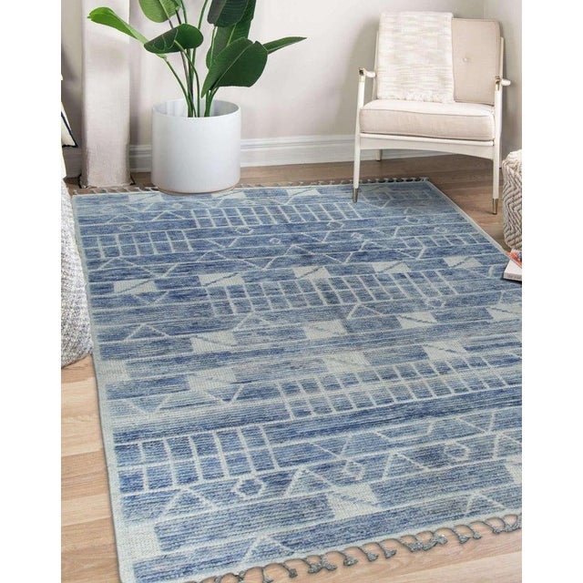 Cornflower Blue 8x10 Blue Hand-Knotted Wool Linear Blocks Geometric Modern Carpet Rug For Sale - Image 8 of 12