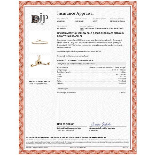 Gold Levian Ombre 14k Yellow Gold 2.00ct Chocolate Diamond Bolo Tennis Bracelet For Sale - Image 8 of 8