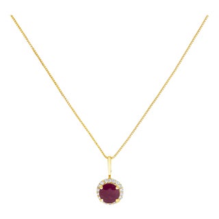 10K Yellow Gold Red Ruby and 1/10 Cttw Diamond Accent Halo Pendant Necklace For Sale