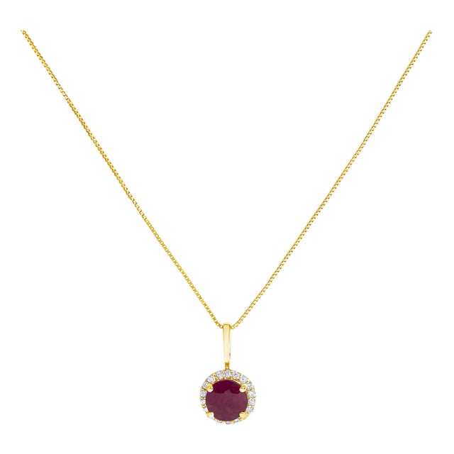 10K Yellow Gold Red Ruby and 1/10 Cttw Diamond Accent Halo Pendant Necklace For Sale