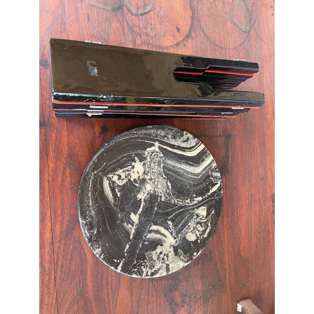 Vintage Black Marble Top & BoHo Asian Red Lacquered Wood Base Tabouret Table For Sale In Santa Fe - Image 6 of 6