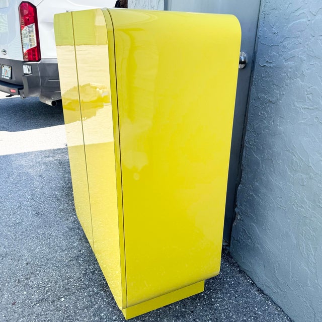 Postmodern Yellow Gloss Laminate Waterfall Cabinet With Gold Accents For Sale In West Palm - Image 6 of 9