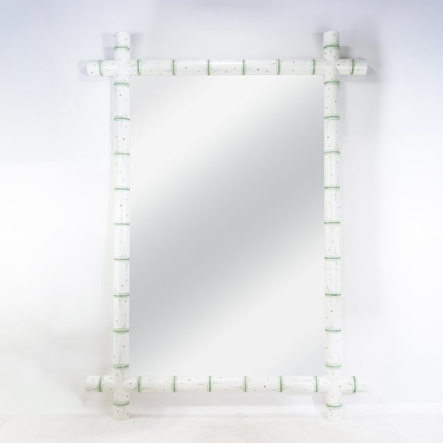 Vintage French Faux Bamboo Wall Mirror Hand-Painted Light Green and White Wooden Frame For Sale - Image 9 of 9