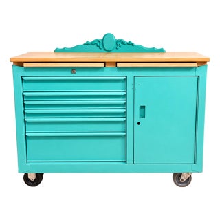 Vintage Industrial Rolling Kitchen Island / Butcher Block Cart – Teal For Sale
