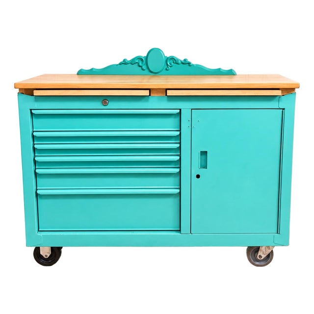 Vintage Industrial Rolling Kitchen Island / Butcher Block Cart – Teal For Sale