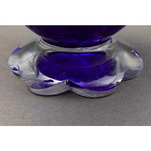 Mid 20th Century Bohemian Czech Cobalt Blue Cut to Clear Crystal Vase With Sawtooth Rim For Sale - Image 9 of 10