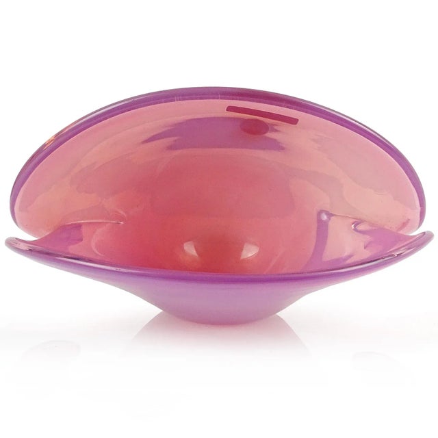 Mid-Century Modern Vintage Cenedese Murano Label Double Position Opal Pink Italian Art Glass Seashell Bowl Vase For Sale - Image 3 of 8