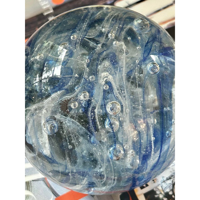 Late 20th Century Vintage Murano Art Glass Paperweight Blue & White Swirl Ribbon Controlled Bubble For Sale - Image 5 of 6