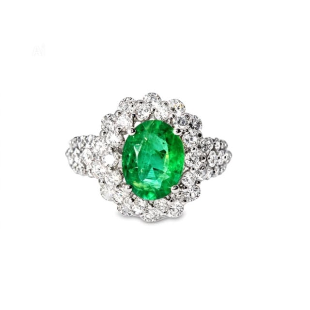 Mid-Century Modern Mid 20th Century 18k White Gold Solitaire Emerald Diamond Engagement Ring Estate, Size 7 For Sale - Image 3 of 4