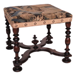 Antique William and Mary Style Bench With Tapestry Upholstered Seat For Sale