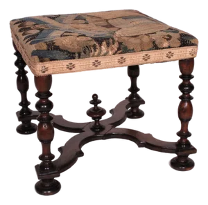 Antique William and Mary Style Bench With Tapestry Upholstered Seat