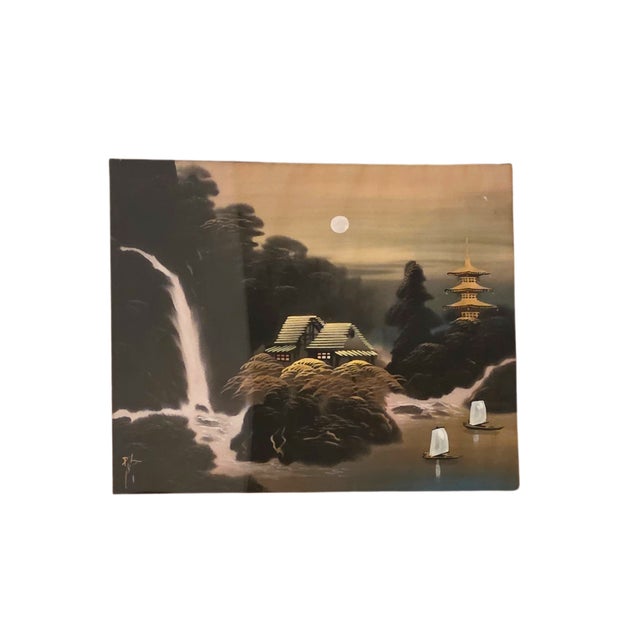 Mid 20th Century Signed Japanese Silk Painting | Japandi Moonlight Waterfall Landscape in Rustic Bamboo Frame For Sale - Image 4 of 8