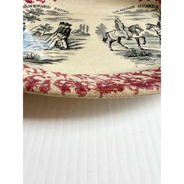 Antique Red Transfer & Sponge Ware Platter Awkward Squad/ Dragoon Guards Military For Sale In Cleveland - Image 6 of 11