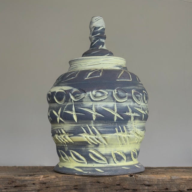 Vintage Monumental Sgraffito Lidded Jar by Arnie Zimmerman, Signed (1982). Sgraffito jar with an ‘X’ and ‘O’ repeated...