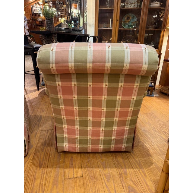 American Pair of Pink and Green Plaid Upholstered Armchairs For Sale - Image 3 of 10