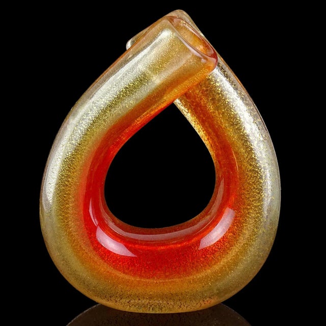 Beautiful and rare shape, vintage Murano hand blown red-orange and gold flecks Italian art glass double spout flower vase....
