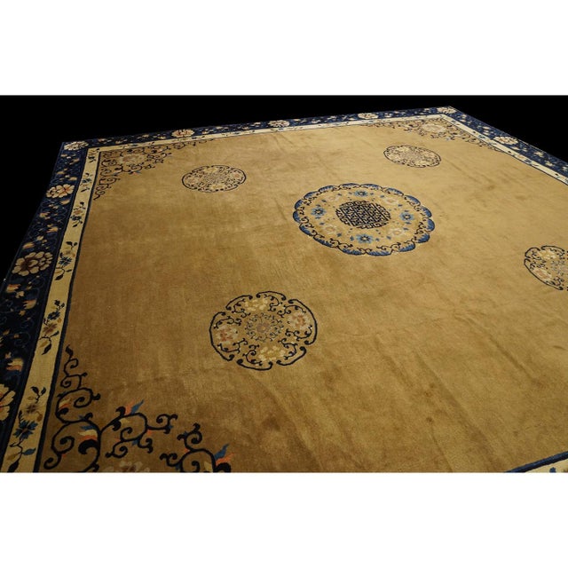 Late 19th Century 1920s Camel Field Swastika Antique Chinese Peking Knotted 13'4" X 14' Square Rug For Sale - Image 5 of 8