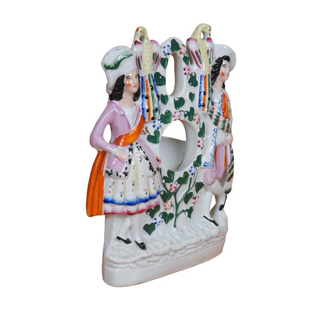 Antique 19th century Staffordshire porcelain flatback figural mantel pocket watch holder, allowing a pocketwatch to be...