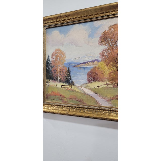 Burnt Orange Vintage Original Autumn Landscape Oil Painting by Ernest Fredericks c.1950 Gold Frame For Sale - Image 8 of 13