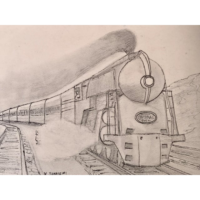 Vintage 1940s drawing of an Art Deco Steam Locomotive NY central railroad line. Pencil drawing on heavy paper signed lower...