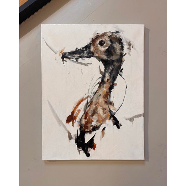 This oil painting features a solitary duck rendered with bold, expressive brushstrokes against a minimal background. The...
