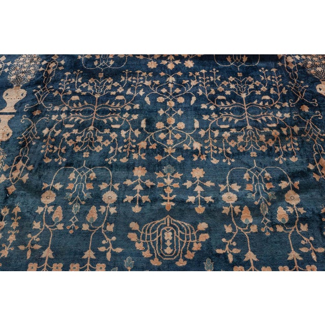 1920s Indian Botanic Blue Handmade Wool Rug For Sale - Image 4 of 4