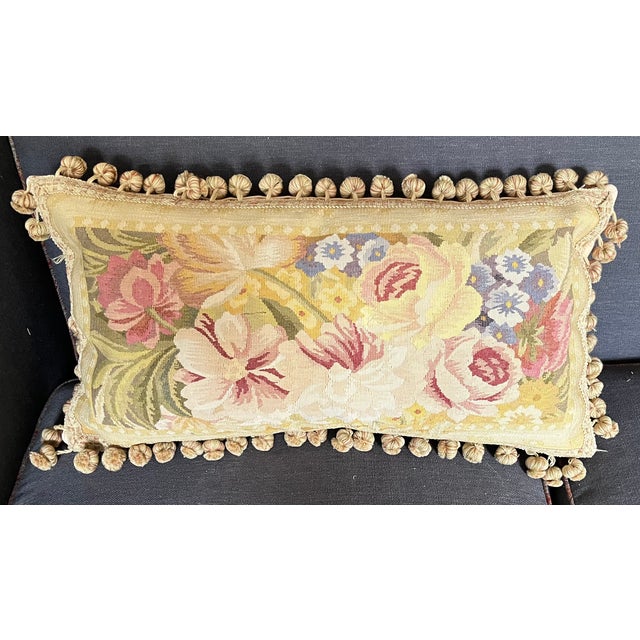 Antique 18th Century French Aubusson Tapestry Pillow With Passementerie Trim and Ball Tassel Fringe For Sale - Image 9 of 16