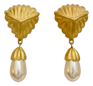 1980s Givenchy Matte Gold Plated Large Runway Glass Pearl Drop Earrings, 2 Pieces