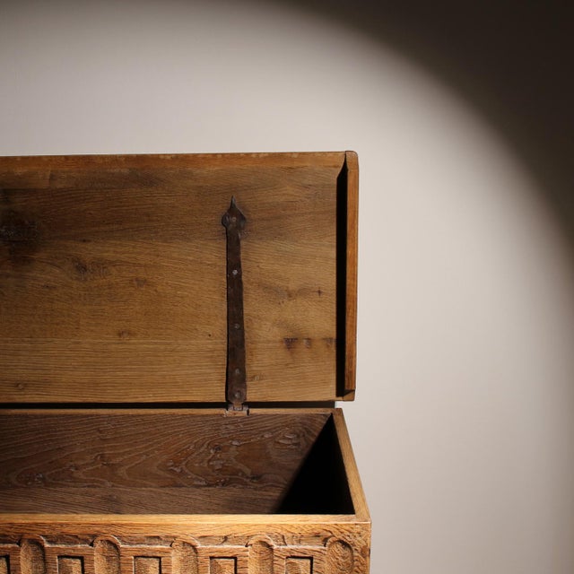 German Handcrafted Oak Chest with Rustic Carvings For Sale - Image 10 of 17