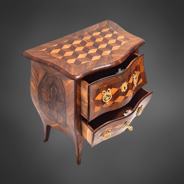 Wood Small 18th Century Baroque Chest of Drawers, Cube Marquetry For Sale - Image 7 of 18