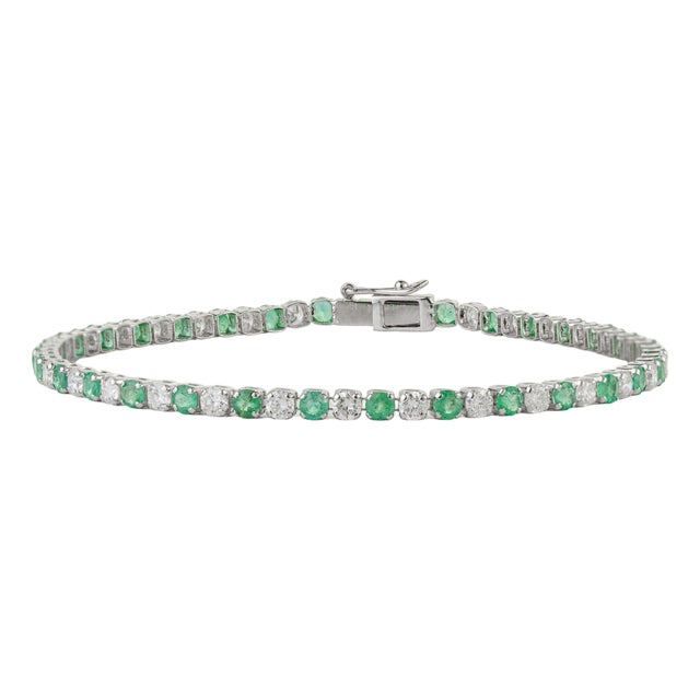 1.76ct Emerald & 1.87ct Diamond Alternate Tennis Bracelet in 14k White Gold For Sale