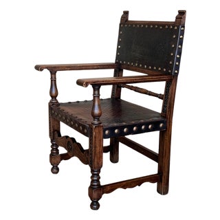 19th Century Spanish Colonial Altar Carved Armchair with Leather Seat and Back For Sale