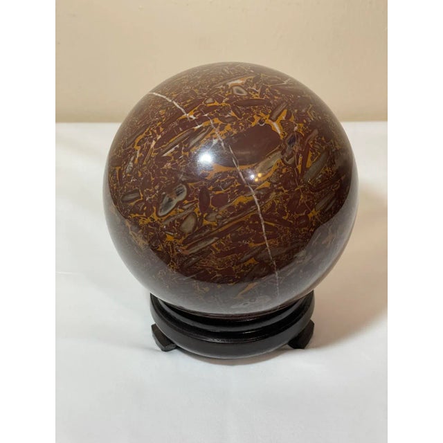 Vintage 6.5” Brown Amber Marble Ball Sphere Orb on Lacquered Wood Stand For Sale - Image 9 of 12