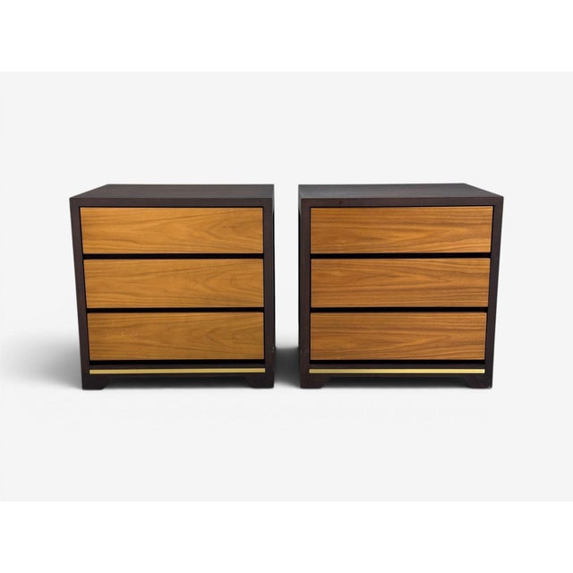 Modern, Nightstands or Bedside Tables, Stained Wood, Brass, USA, 21st c. Pair of modernist bedside tables having three...
