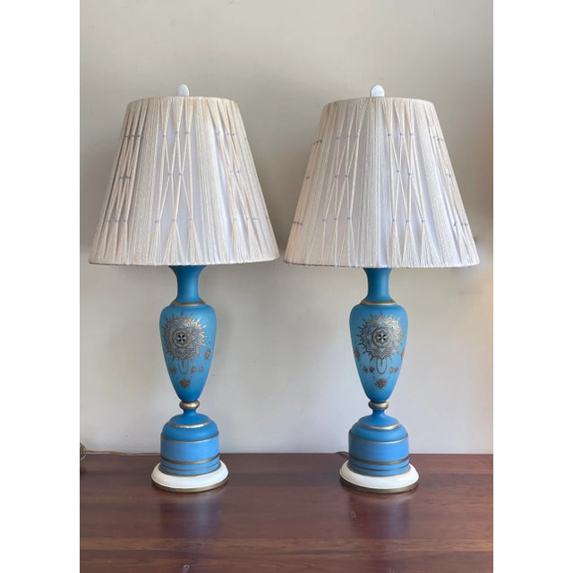 Vintage French Opaline Blue & Gold Gilt Glass Table Lamps - a Pair For Sale - Image 13 of 13