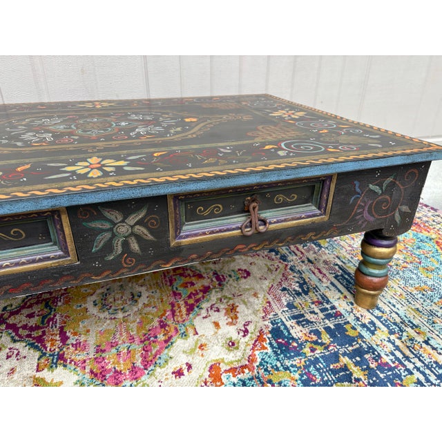 Vintage Hand Painted Rustic Folk Art Coffee Table For Sale In Savannah - Image 6 of 11