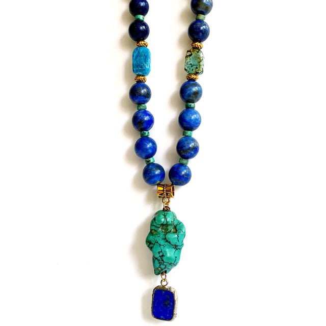 One-of-a-Kind Lapis Lazuli & Turquoise Statement Necklace | Vintage Turquoise Pendant | Artisan Bohemian Luxury Jewelry For Sale - Image 17 of 17
