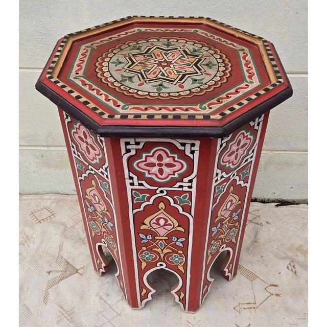 Moroccan Hexagonal Hand Painted Wooden Side Table / Red Zouak For Sale In Orlando - Image 6 of 6