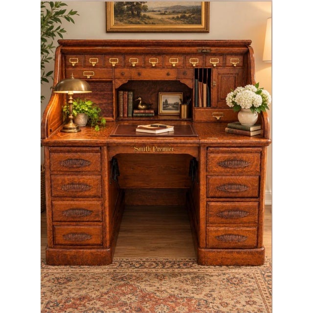 Very Special Antique Smith Premier Roll Top Desk | Quarter Sawn Oak Typewriter Desk | Victorian Office Furniture For Sale - Image 16 of 17