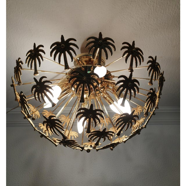 Vintage Solid Brass Palm Leaf Statement Chandelier Flush Mount Lighting Ceiling Light For Sale - Image 4 of 12