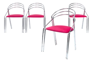 Vintage Chrome Dining Chairs with Pink Velvet Seats, Italy, 1970s, Set of 4
