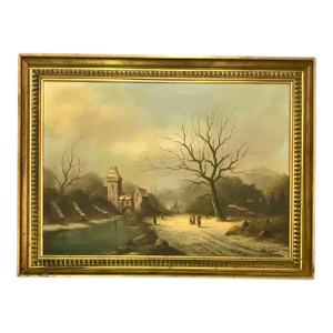 Mid 20th Century Painting Dutch City by Rhine River in Winter Vintage Oil on Canvas Signed & Framed Art