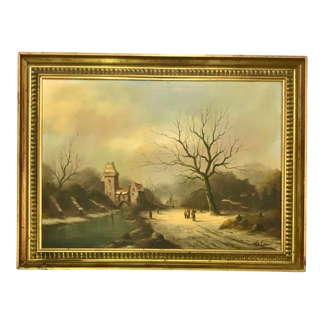 Mid-Century Modern Impressionist Oil Painting, Dutch City on Rhine in Winter, Signed & Framed, 32"w For Sale