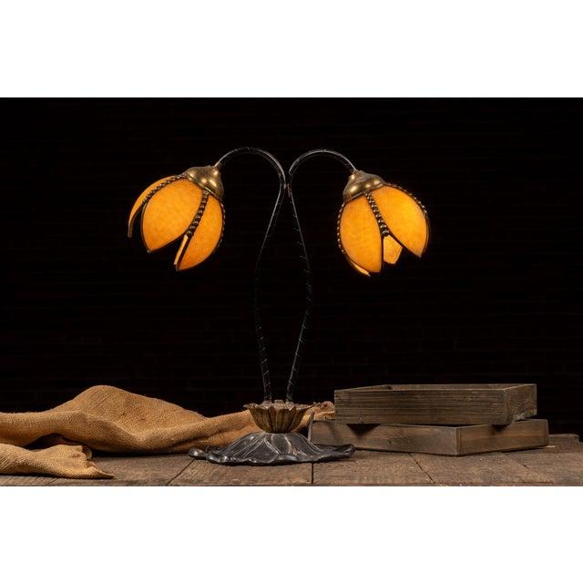 Art Nouveau Early 20th Century Art Nouveau Double Tulip Slag Glass Table Lamp For Sale - Image 3 of 7