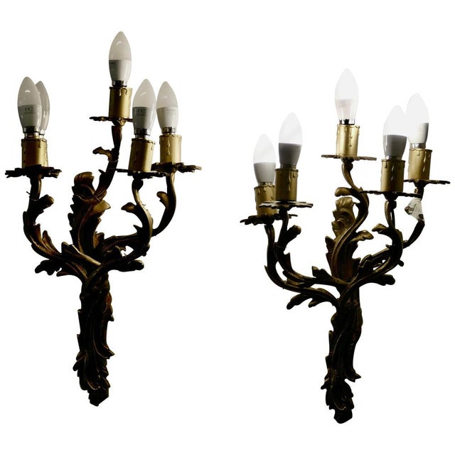 Goldenrod Large French Brass 5 Branch Wall Lights, 1960s, Set of 2 For Sale - Image 8 of 8