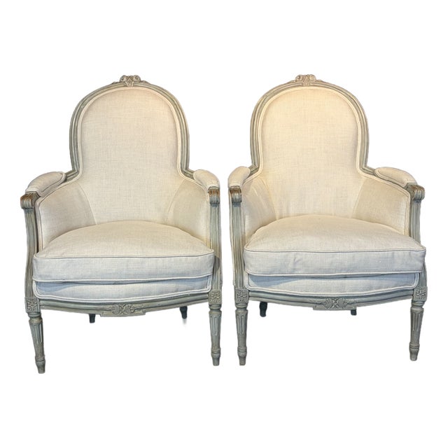 Antique French Louis XVI Carved and Painted Bergère Armchairs -a Pair For Sale